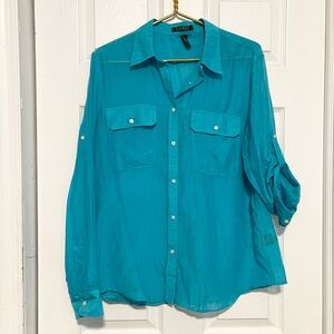 Lauren Ralph Lauren lightweight blue tan sleeve button down shirt Sz XL career